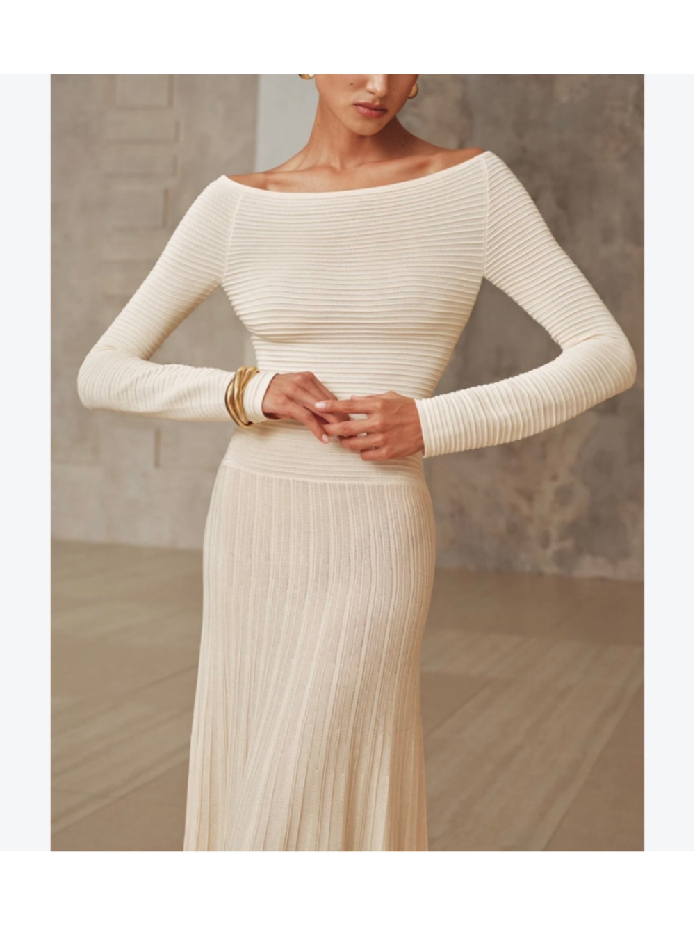 Commense Off Shoulder Ribbed Knit Maxi Dress XS Minimalist Old Money Classic